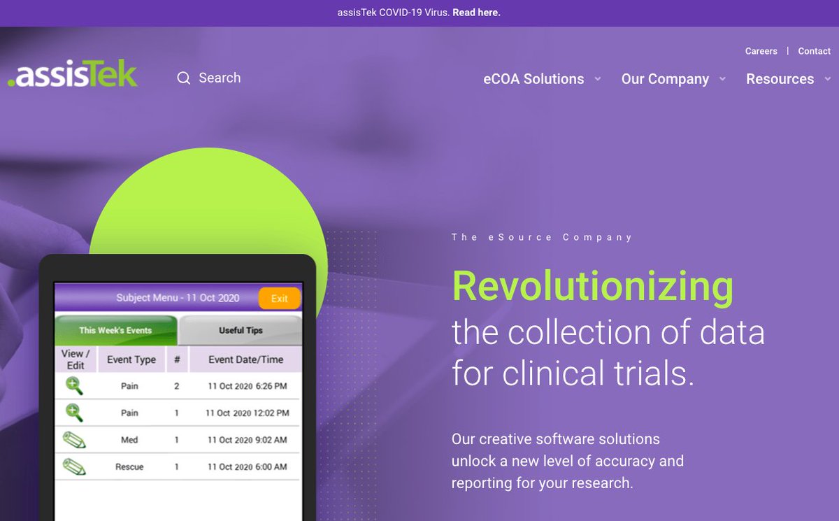 vuria's tweet image. assisTek offers innovative electronic patient reported outcomes (ePRO), eSource, and eDiary solutions for clinical trials. 

See the brand NEW website that we just launched for them here: assistek.com