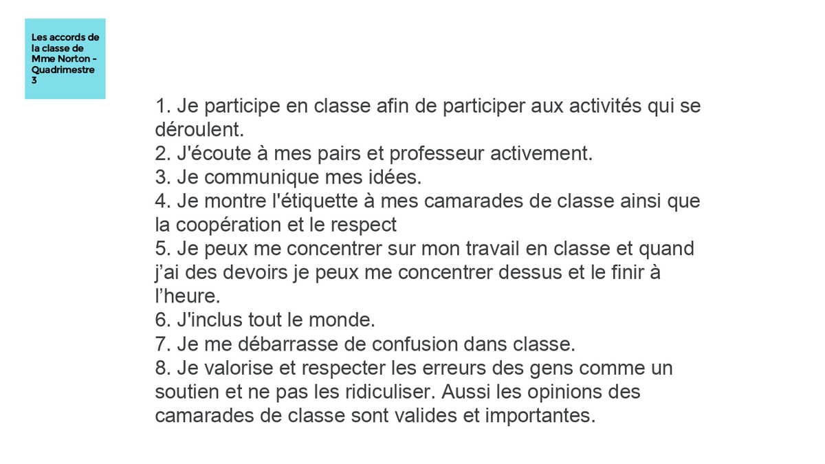 FLE A1/A2 Les accords de la classe 9e co-développés; générer des idées individuelles, regrouper les idées similaires et résumer en forme de phrase "Je peux" #peelfsl