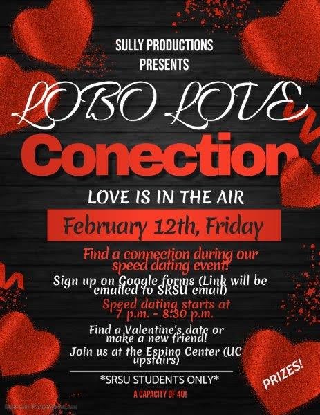 SRSU Campus Activities (@srsuactivities) on Twitter photo Lobos, Dont forget we have our 1st annual speed dating up in the espino center ! Starts @ 7pm ! Lobos, Dont forget we have our 1st annual speed dating up in the espino center ! Starts @ 7pm !