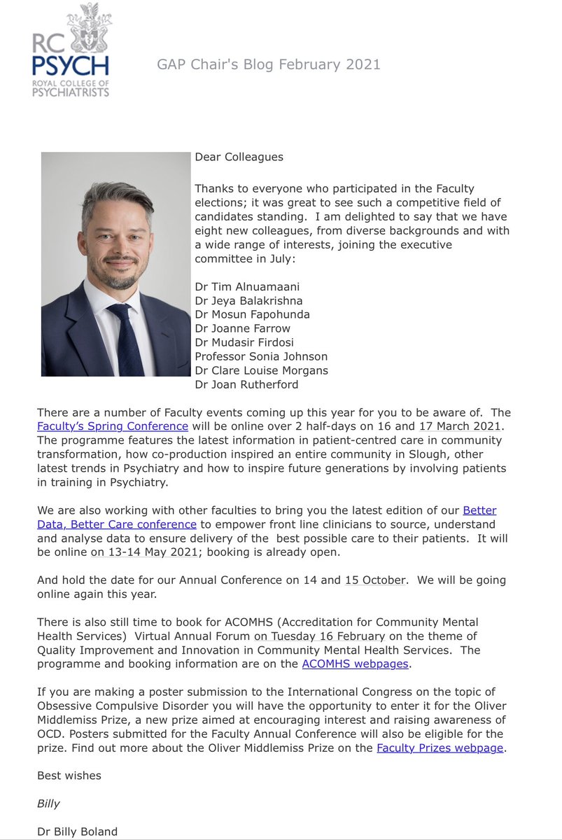 Check out your mailbox #gapchat psychiatrists our chair @originalbboland done his feb blog ➡️new exec members & upcoming #gapspring21 & #rcpsychdata21 conf➡️do check it out! @OliverDale10 @AbdiSanati @NiekerkJon @docsimmi @IVinjamuri @kateking_mh @egosyntonically @HinaTahseen