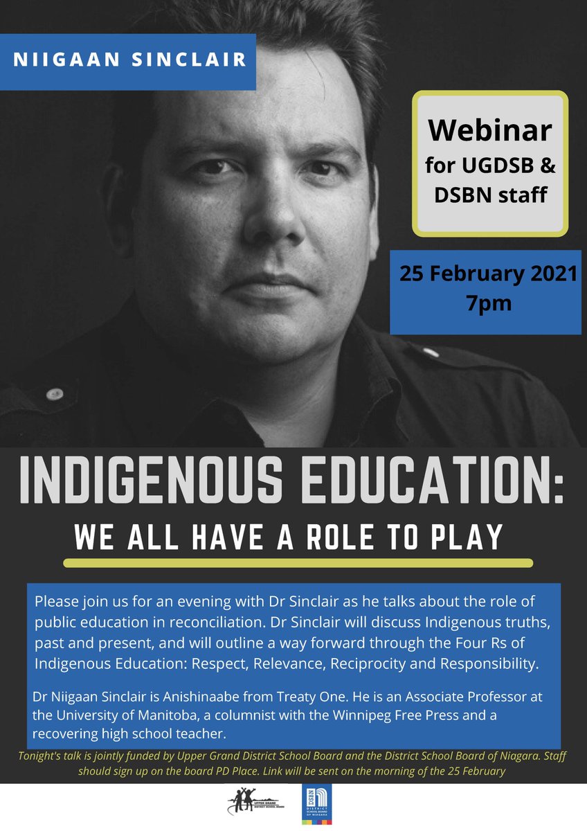 Looking forward to this #IndigenousEd opportunity for @dsbn staff, We All Have a Role to Play with @Niigaanwewidam on 25 February, 7pm Sign up in PD Place. In collaboration with @clclyne @ugdsb