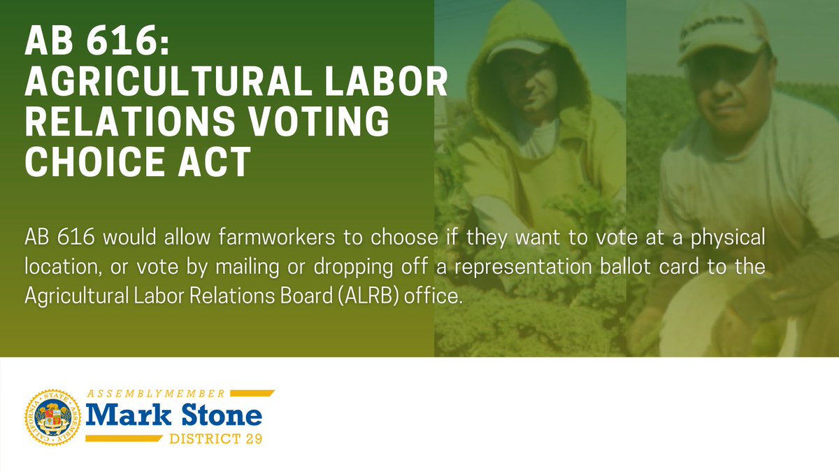 I am proud to introduce #AB616, which will support California farmworkers as they exercise their longstanding right to vote in union elections. #AB616 will make it easier for farmworkers to vote by allowing them to vote by mail, or dropping off a representation ballot card