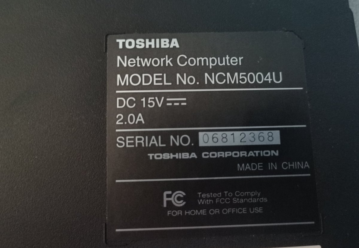 So this is a Toshiba Network Computer, model NCM5004U.Fun fact: there are no results for NCM5004U on google!