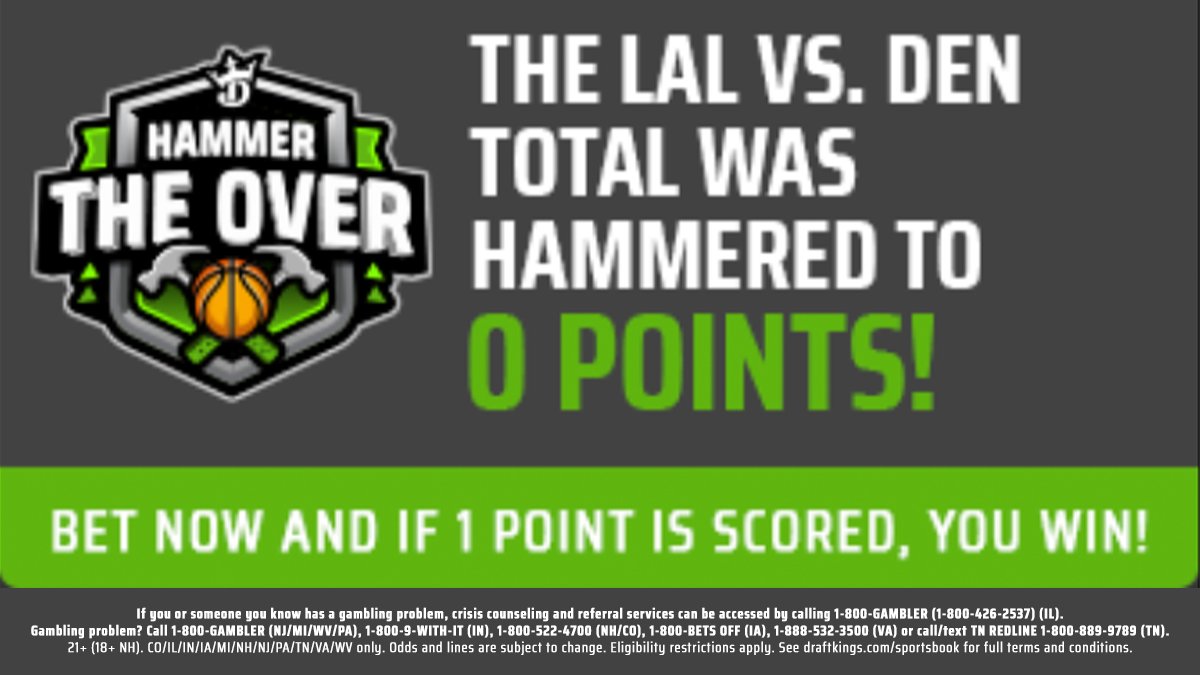 jimcramer's tweet photo. Lakers vs. Nuggets O/U is now at ZERO for Sunday's match-up on @DKSportsbook because so many people got in on the action for #hammertheover 

Double your money when just one point is scored!

Opt-in here: https://t.co/lj0cb4Necx

#ad https://t.co/WMc1bGM9p7