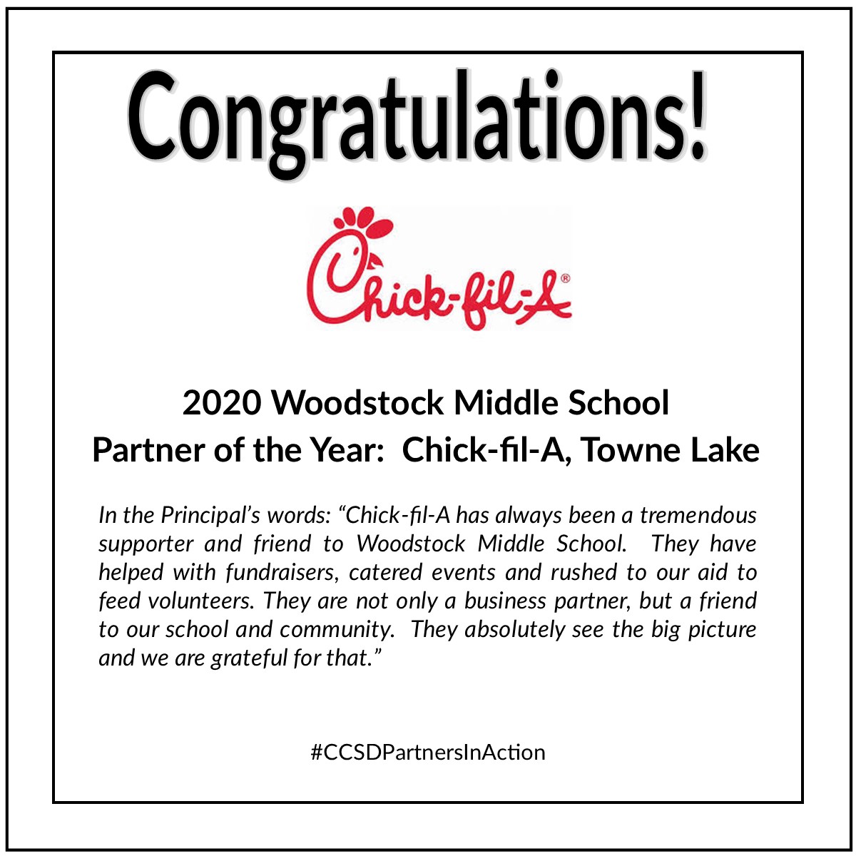 We appreciate partners' support of our schools, which is why we celebrate their service here -- congratulations to Woodstock Middle School 2020 Partner of the Year: Chick-fil-A, Towne Lake! #CCSDPartnersInAction