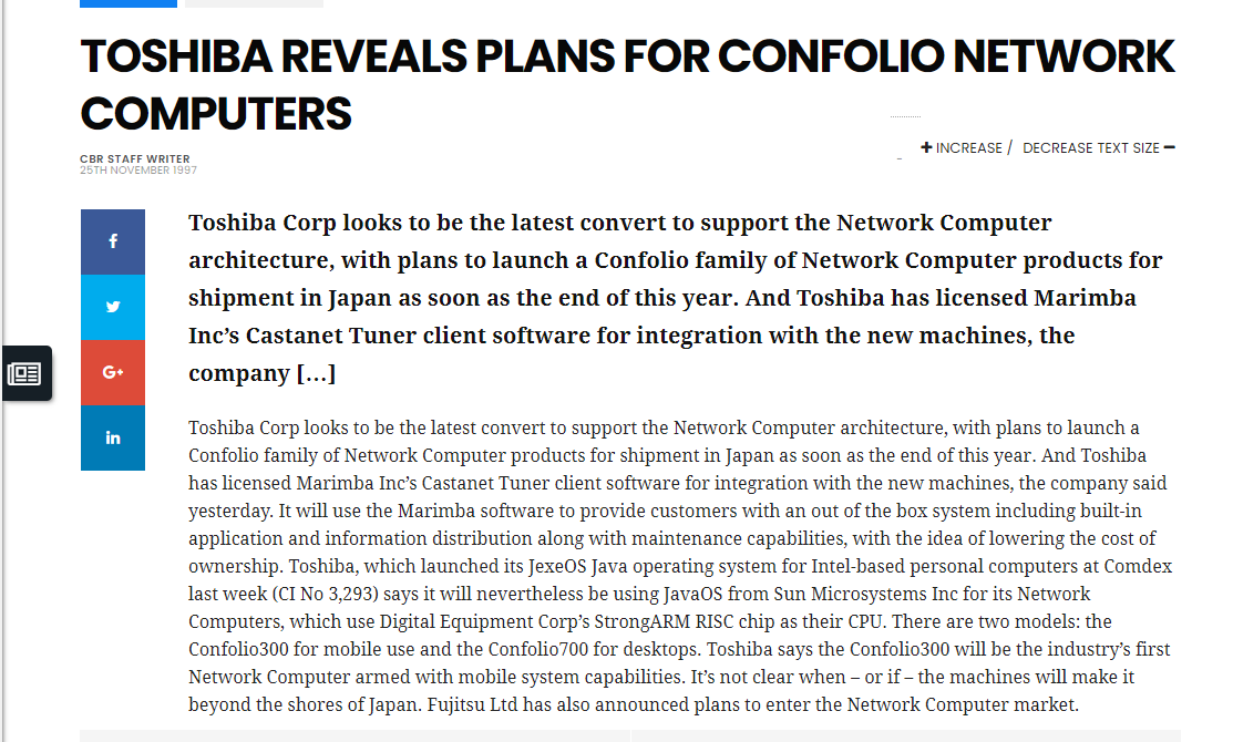 So, Toshiba Network Computer...It turns out in 1997 Toshiba announced they were designing machines to run a Java-based OS, on Intel and StrongARM CPUs.