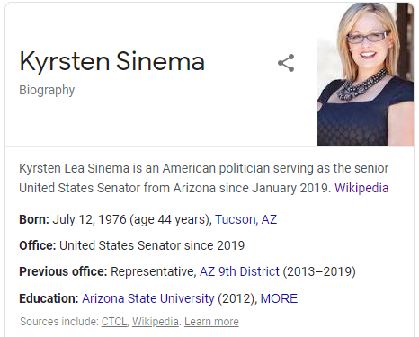 *SomeAnd it's spelled Kyrsten, not Krysten. End of corrections.Also, note she was in the House 2013-19, and the book came out in 2015.