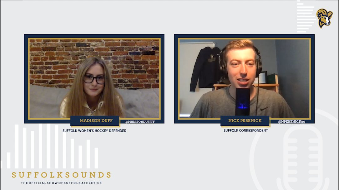 nperenick39's tweet photo. A brand new Suffolk Sounds w/ @su_whockey captain @Madisonduffff is set to drop Monday.

We cover Duff's journey from her playing days outside Detroit to her decision to attend school in Boston - plus she shares stories from her experiences w/ the Rams. You won't wanna miss it! https://t.co/EvyMgAdAGI