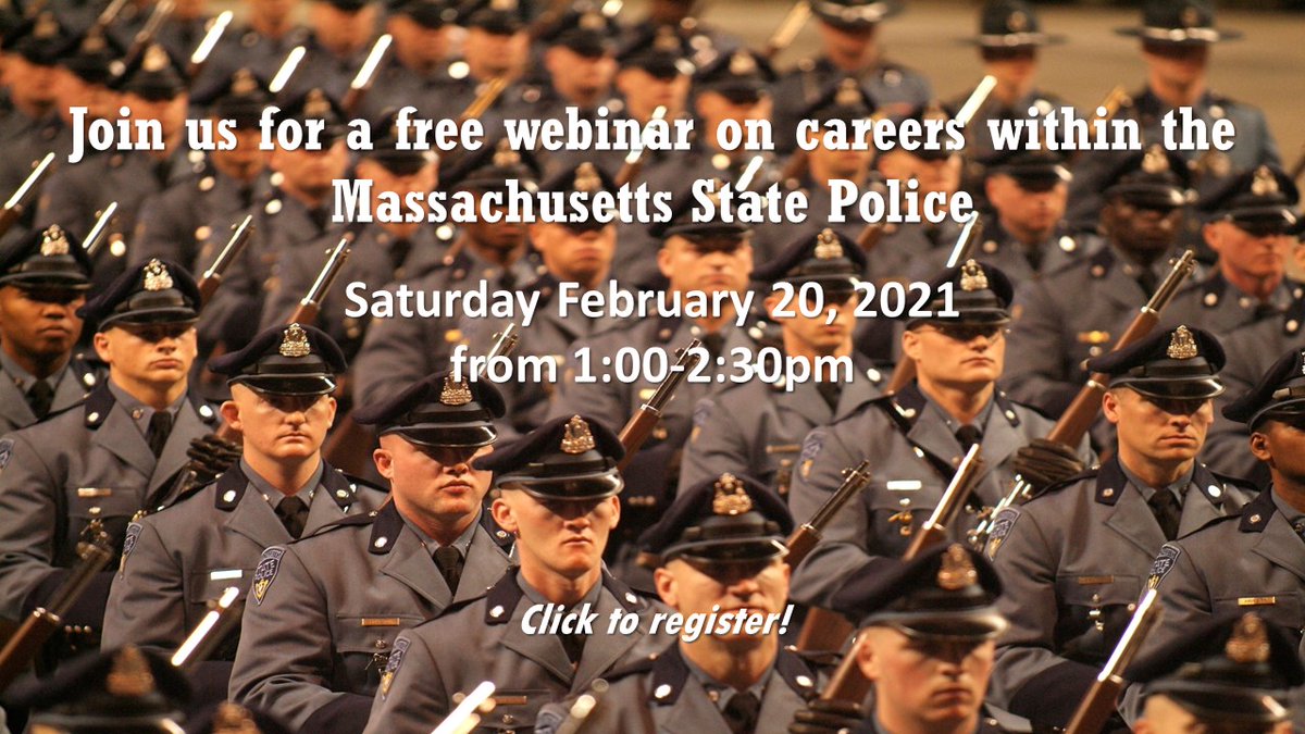 MSPMLC's tweet photo. Interested in a career in law enforcement?  Join a free webinar on Saturday 2/20/21 at 1pm hosted by the MSPMLC with the MSP Recruitment and Diversity Office to answer all your questions about joining the MSP!  Space is limited so register in advance at: https://t.co/nUl1uVcNRd https://t.co/G4zd16WB5r