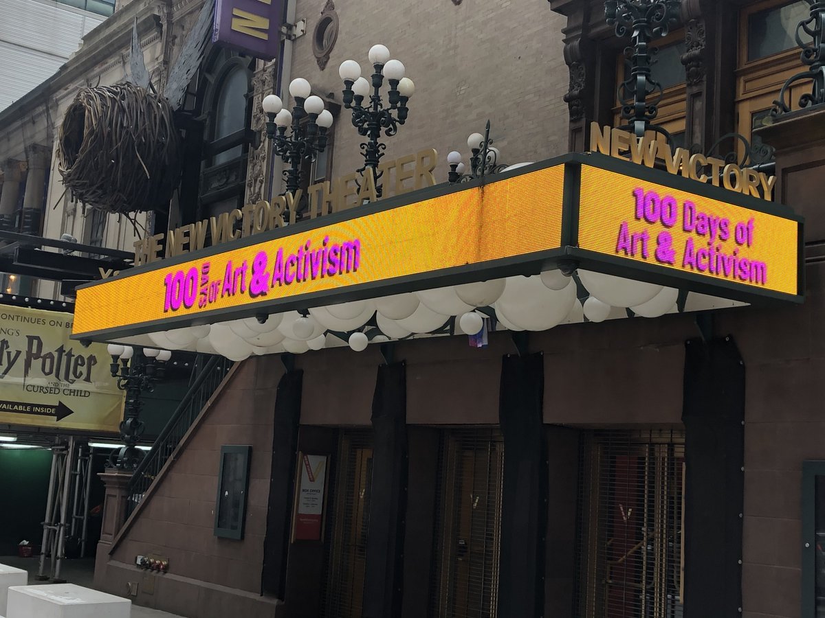 NewVictory's tweet photo. Supporting @BeAnArtsHero on our marquee today! In the first 100 days of the Biden/Harris administration, be an #ArtsHero &amp; call your Senators and demand significant, dedicated relief for the Arts &amp; Culture sector. 

[Special thanks to staff member Sean for snapping these pics📷] https://t.co/WCEEApHEC5