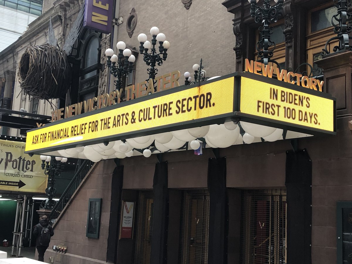 NewVictory's tweet photo. Supporting @BeAnArtsHero on our marquee today! In the first 100 days of the Biden/Harris administration, be an #ArtsHero &amp; call your Senators and demand significant, dedicated relief for the Arts &amp; Culture sector. 

[Special thanks to staff member Sean for snapping these pics📷] https://t.co/WCEEApHEC5