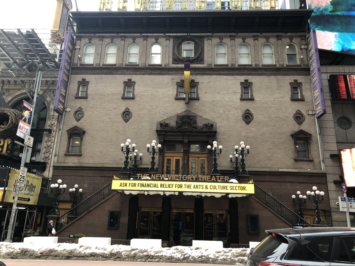 NewVictory's tweet photo. Supporting @BeAnArtsHero on our marquee today! In the first 100 days of the Biden/Harris administration, be an #ArtsHero &amp; call your Senators and demand significant, dedicated relief for the Arts &amp; Culture sector. 

[Special thanks to staff member Sean for snapping these pics📷] https://t.co/WCEEApHEC5