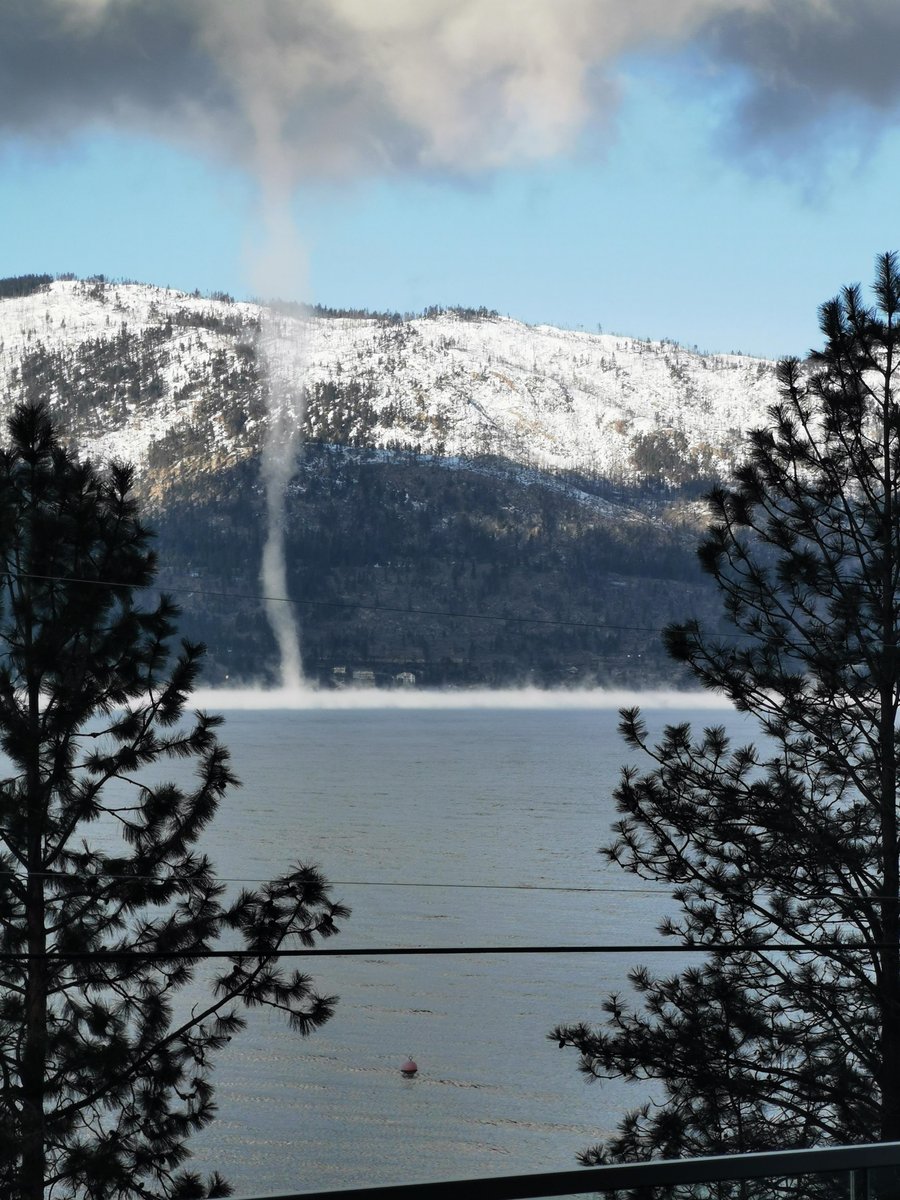Waterspout spotted on Lake Okanagan this morning! Huge temperature different between air and warm lake must have created the right instability. Great pic taken from Carrs Landing by Shannon Chubb. <a href="/pentononcbc/">Sarah Penton</a> and I will chat more about it this afternoon...