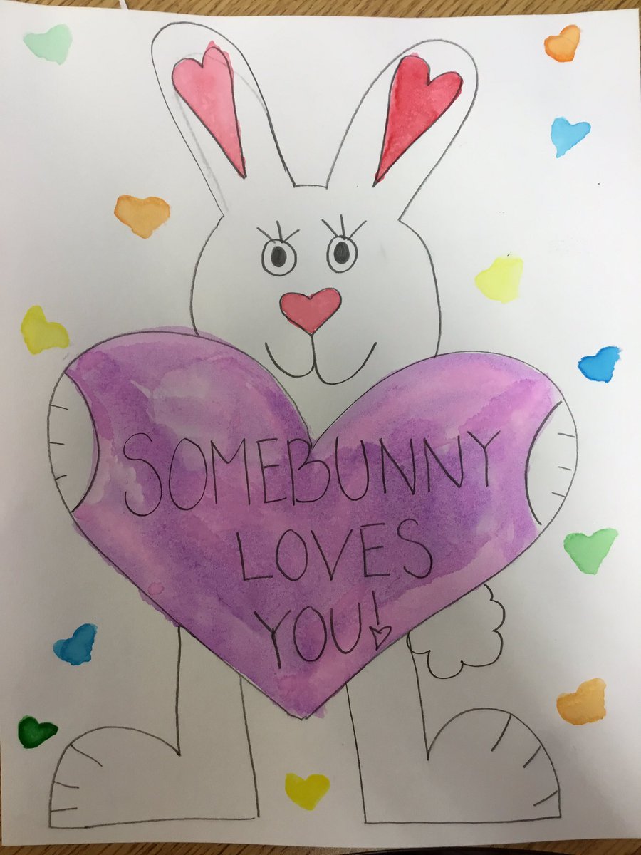 So much fun celebrating Valentine’s Day! @NHeuserArt taught us how to draw bunnies yesterday and we painted them today. Just like Mr. Hatch in the book, don’t forget: Somebunny loves you! @dolphins_center @OSD135 #135learns