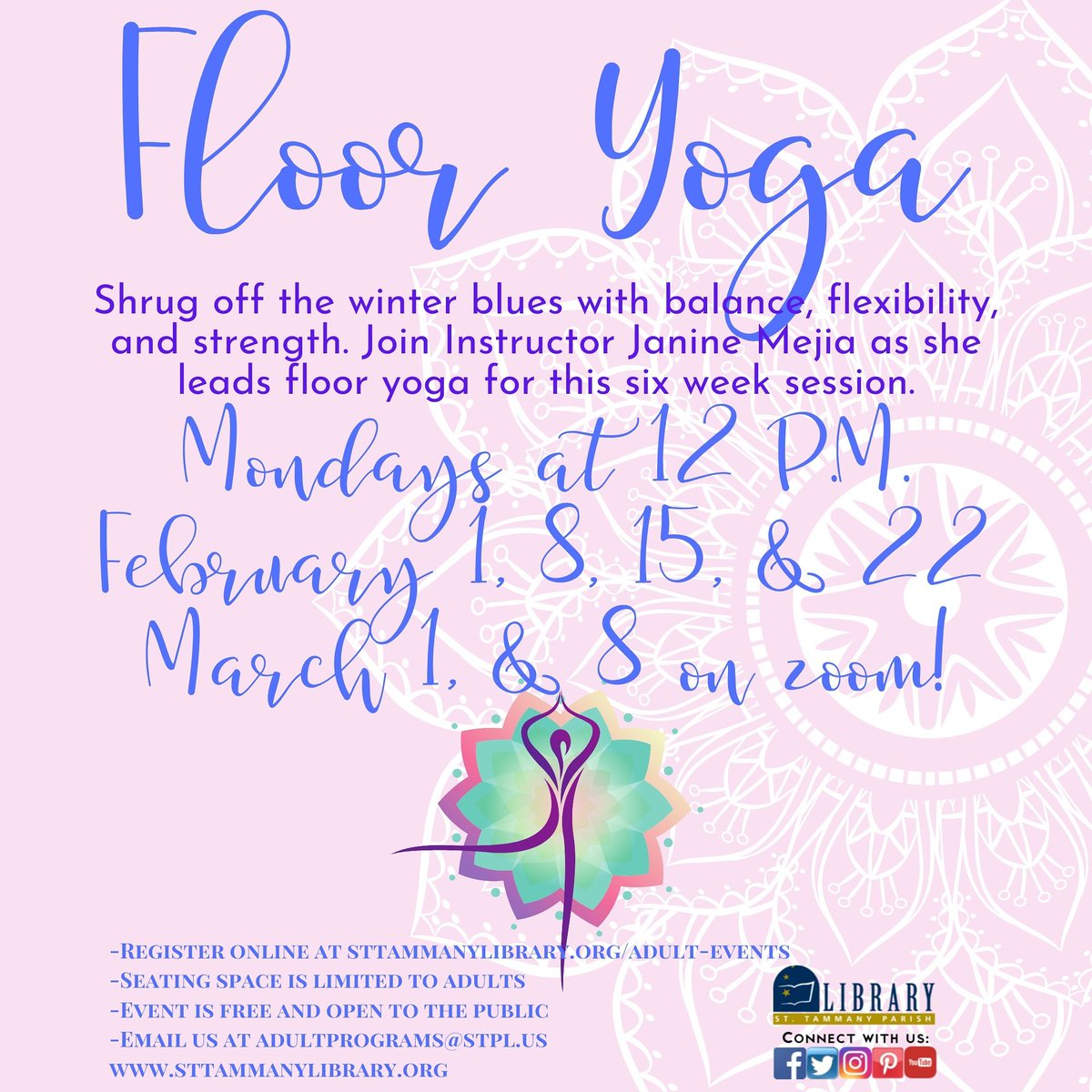 sttammanylib's tweet image. Join us on Mondays! #STPLadultprograms #flooryoga #publiclibraryprograms #virtualprograms #mondaysatnoon