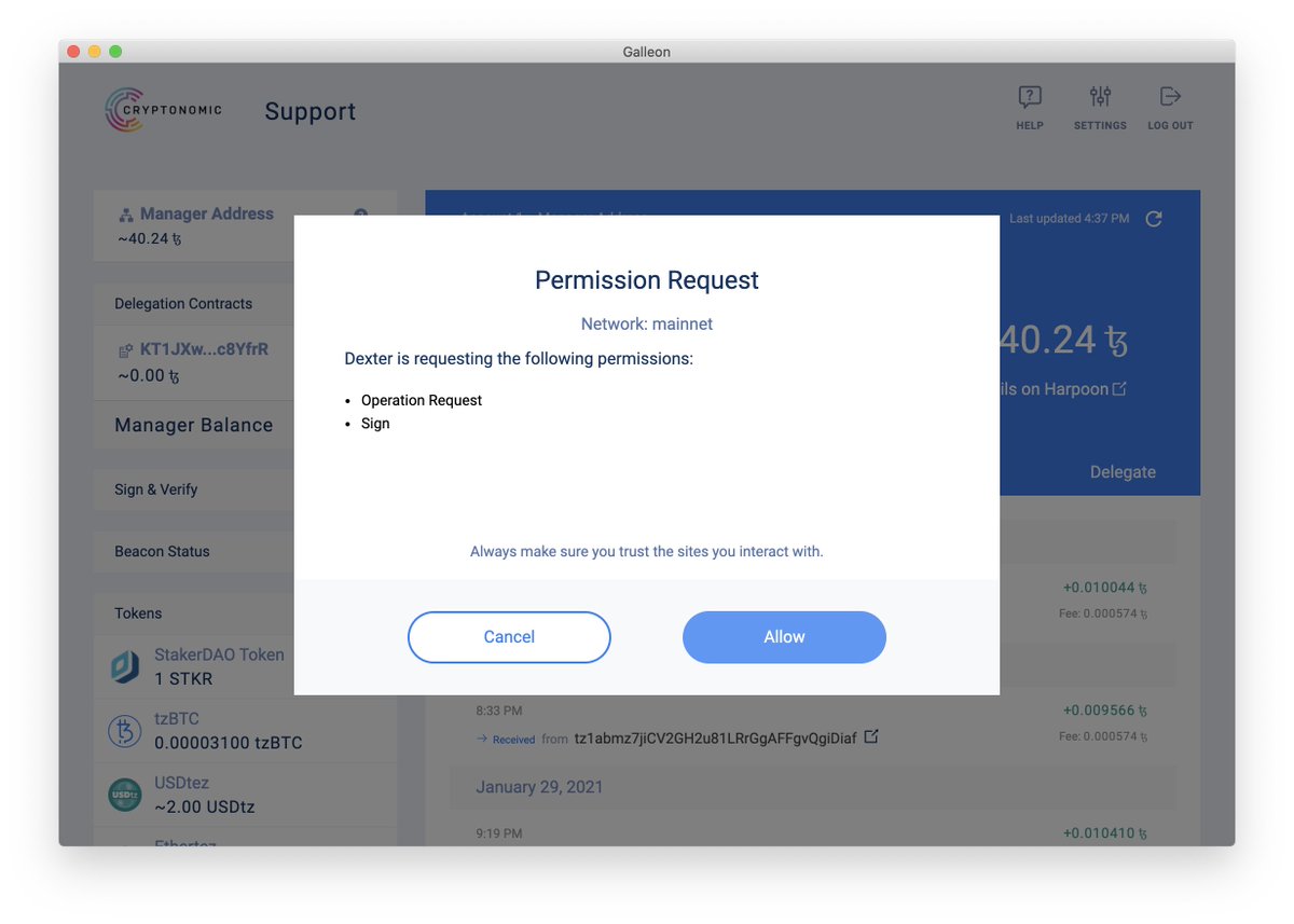 CryptonomicTech's tweet image. #Tezos users, we just published a new release of the Galleon wallet. What can you do with it? #DeFi! This version has improved support for Beacon from @AirGap_it, which means smoother transactions on Dexter by @camlCaseTech. cryptonomic.tech/galleon.html