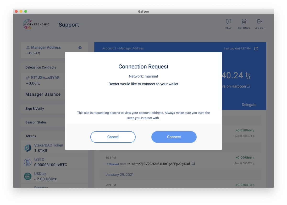 CryptonomicTech's tweet image. #Tezos users, we just published a new release of the Galleon wallet. What can you do with it? #DeFi! This version has improved support for Beacon from @AirGap_it, which means smoother transactions on Dexter by @camlCaseTech. cryptonomic.tech/galleon.html