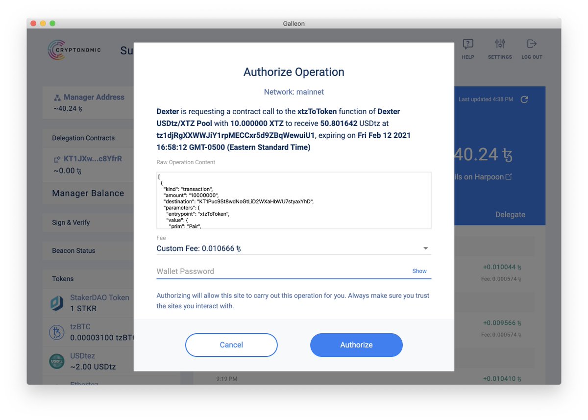 CryptonomicTech's tweet image. #Tezos users, we just published a new release of the Galleon wallet. What can you do with it? #DeFi! This version has improved support for Beacon from @AirGap_it, which means smoother transactions on Dexter by @camlCaseTech. cryptonomic.tech/galleon.html