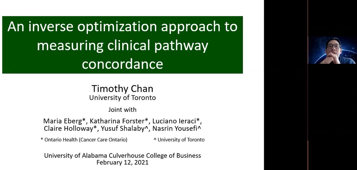 Tim Chan from <a href="/uoftmie/">uoftmie</a> talked about using inverse optimization to measure clinical pathway concordance at #OMPhDSeminars <a href="/UofAlabama/">The University of Alabama</a>