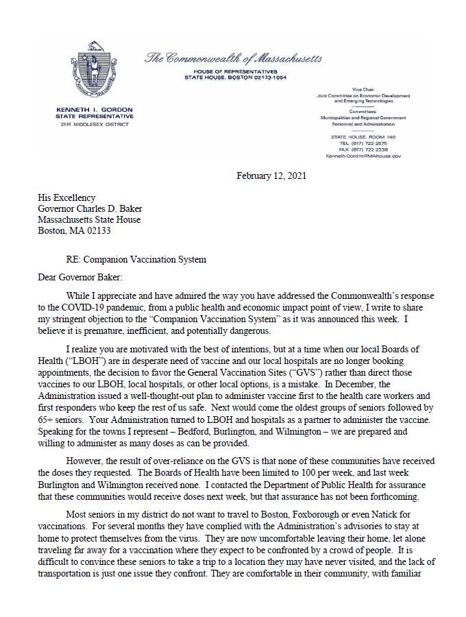 RepKenGordon's tweet photo. This morning I wrote to @MassGovernor urging him to reconsider his decision to direct vaccine that could have gone to our local Boards of Health and hospitals to mass vaccination sites. https://t.co/ElNAZh42Gf