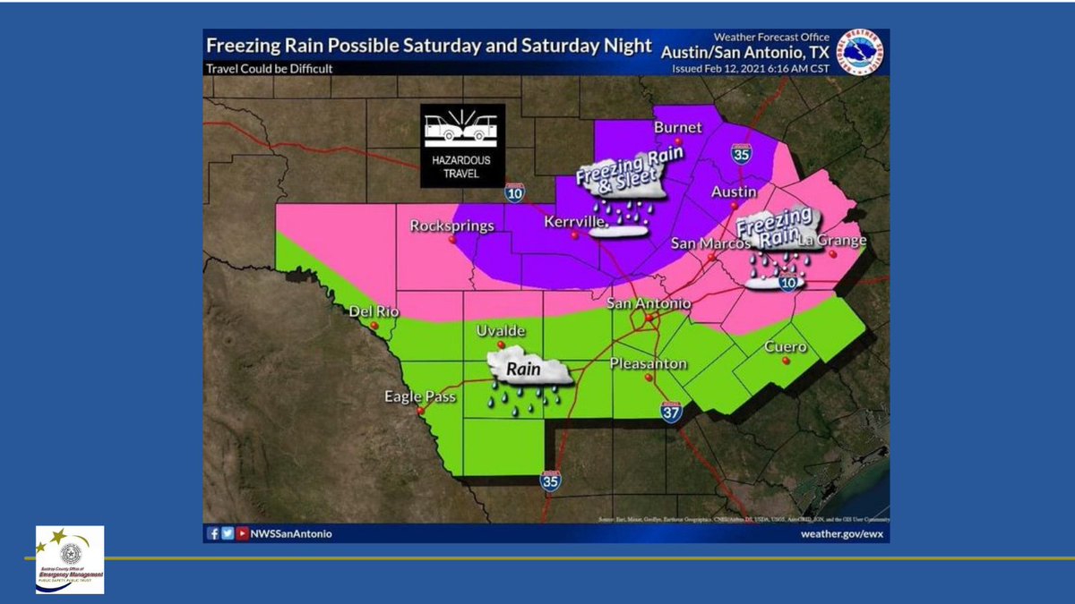 BastropCntyOEM's tweet image. Winter Weather Warning has been issued through Monday, Feb. 15 at 12 p.m. Sunday afternoon and night a robust system is forecasted to arrive and bring total snow accumulations of 1 to 3 inches. Temperatures are expected to drop into single digits with wind chills near zero.