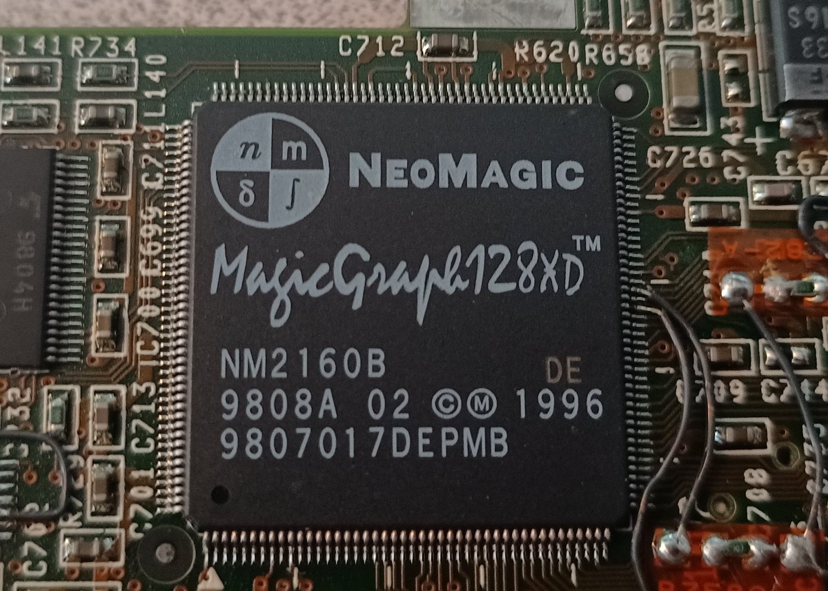 And a NeoMagic MagicGraph128XD.That's a graphics chip, which apparently integrates VRAM directly into the CPU. It might also have audio support? I'm not able to find specific details to this model.