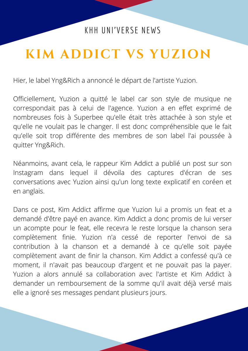 KHHUV_FR's tweet photo. | KHHUV NEWS 🖱|
Bonjour à tous !
Un incident est survenu dans le monde du KHH. N'hésitez pas à partager votre opinion sur cette affaire.
Sources:
https://t.co/9I4xlwD56t
https://t.co/byKpNo3D76
https://t.co/jvL7wlInDV
#yuzion #kimaddict #yngandrich #khhuv #khh https://t.co/jGbw9S7GSB