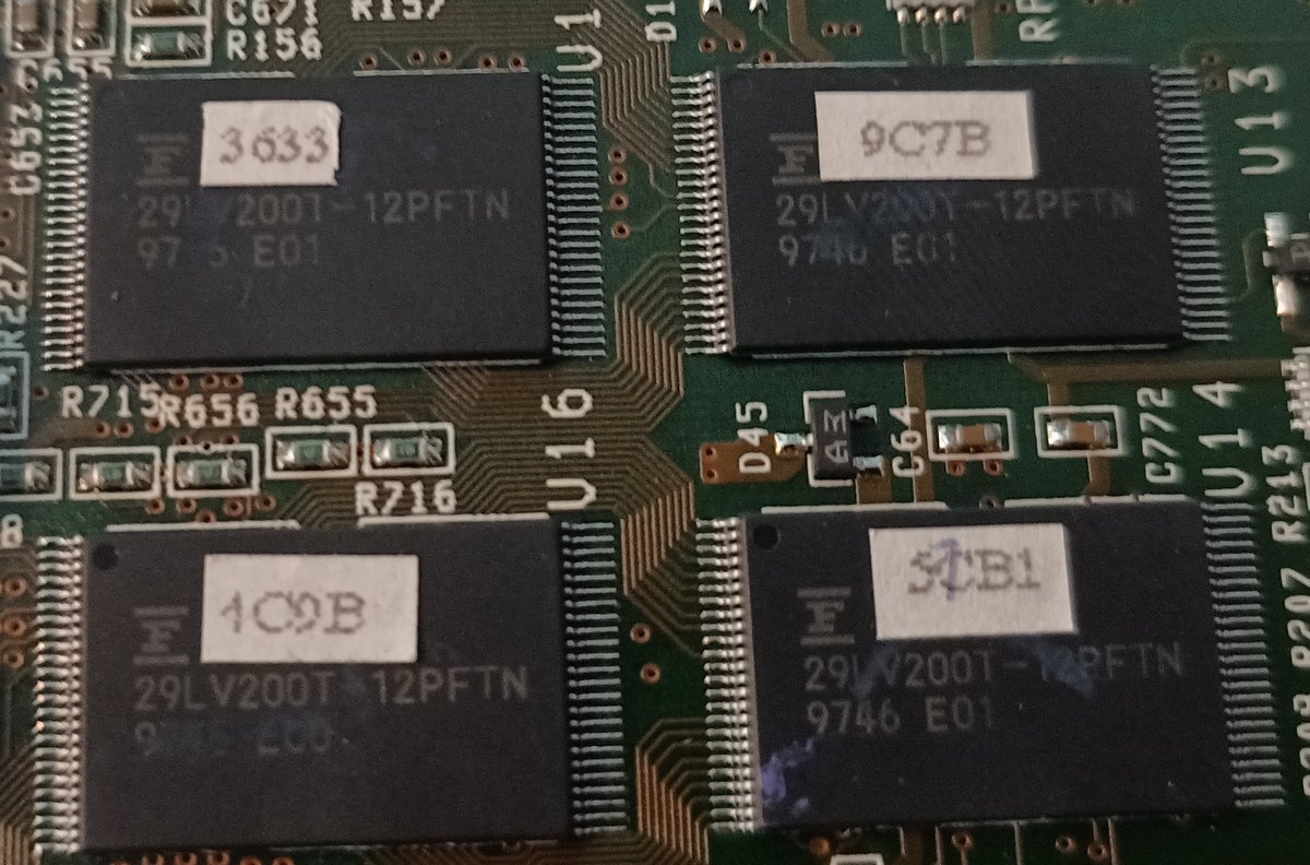 Over here there's four of these 29LV200T-12PFTNs. Those are 256 kilobyte flash chips, so 1 megabyte in total.So probably some big firmware here.