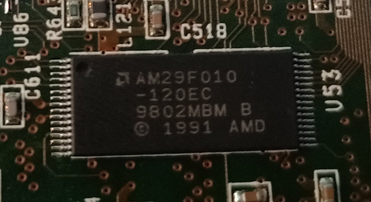 Next to that is a AM29F010, which is an 128 kilobyte flash ram chip.