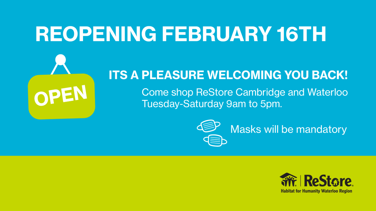 HabitatWR's tweet photo. Our ReStores are ReOpening!! We look forward to welcoming back our visitors, staff (and volunteers when we can.) For now, we are thankful to open our doors to you starting next Tuesday February 16th.💚 You've been missed! https://t.co/uv6R7k6SzH