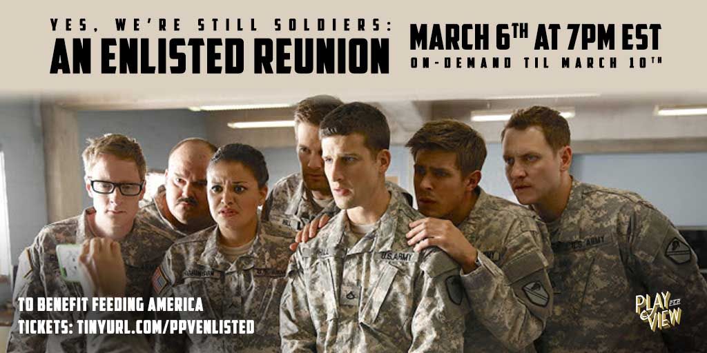 Play-PerView (@play_perview) on Twitter photo We are bringing the platoon back together for a virtual reunion of FOX's #Enlisted on March 6th to benefit <a href="/FeedingAmerica/">Feeding America</a>
Catch <a href="/_MelRodriguez_/">Mel Rodriguez</a> <a href="/ImKeithDavid/">Keith David</a> <a href="/MichelleButeau/">Miss Michelle Buteau</a> <a href="/AngeliqueCabral/">Angelique Cabral</a> <a href="/MikeRoyce/">Mike Royce</a> @kbiegel <a href="/Parker_Young/">parker young</a> <a href="/geoffstults/">Geoff Stults</a> & More
Tickets: Tinyurl.com/PPVEnlisted We are bringing the platoon back together for a virtual reunion of FOX's #Enlisted on March 6th to benefit <a href="/FeedingAmerica/">Feeding America</a>
Catch <a href="/_MelRodriguez_/">Mel Rodriguez</a> <a href="/ImKeithDavid/">Keith David</a> <a href="/MichelleButeau/">Miss Michelle Buteau</a> <a href="/AngeliqueCabral/">Angelique Cabral</a> <a href="/MikeRoyce/">Mike Royce</a> @kbiegel <a href="/Parker_Young/">parker young</a> <a href="/geoffstults/">Geoff Stults</a> & More
Tickets: Tinyurl.com/PPVEnlisted