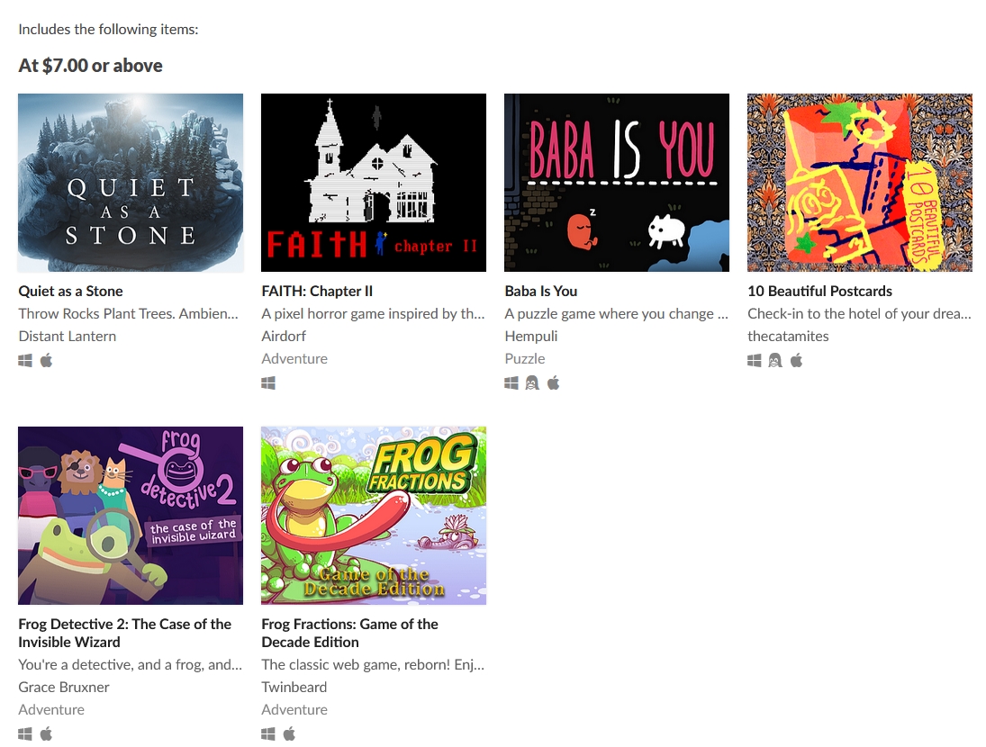 The Itchio New Year Sale Bundle ($7.00) - six games for seven bucks - including Baba Is You and Frog Fractions! but i want to give a little extra focus to Frog Detective 2 and 10 Beautiful Postcards there...  https://itch.io/b/793/lunar-new-year-itchio-selects-bundle