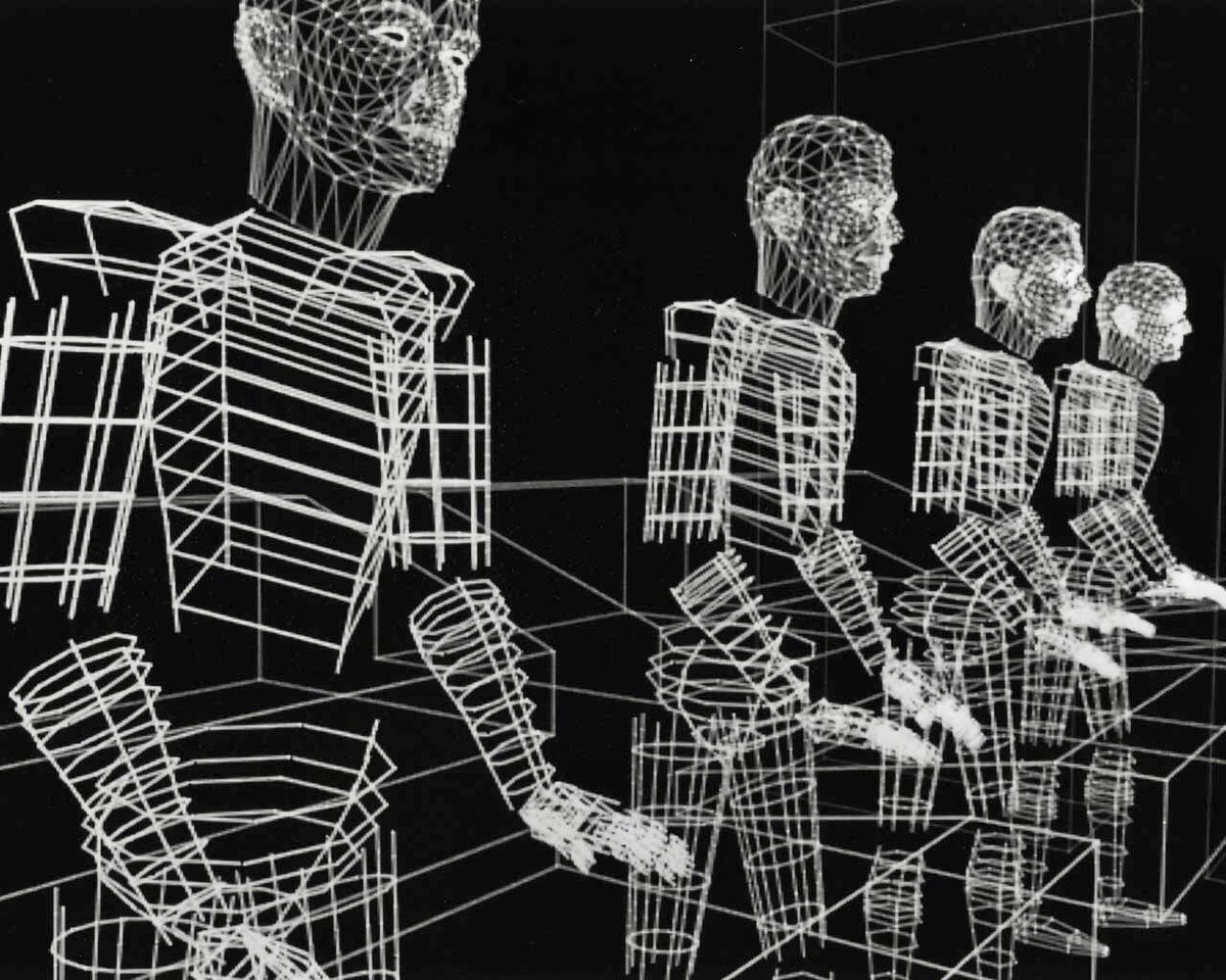 3D models by Rebecca Allen for the 1986 Kraftwerk video, "Musique Non-Stop". 