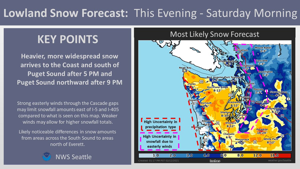 Fri PM - Sat Snow:Heavier, more widespread snow expected. Forecast is still largely on track! Snow will move up from the SW after 5pm & Puget Sound after 9pm. Several points of uncertainty remain with respect to snow amounts. See outlined areas in graphic for details. #wawx