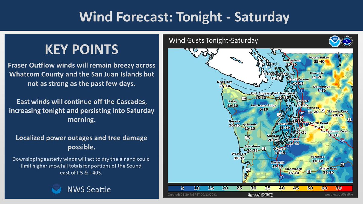 Winds FRI PM - Sat:Winds will remain breezy across portions of Whatcom County & the San Juan Islands. East winds downsloping off the Cascades will increase tonight. Strong east winds may act to limit higher snow totals east of I-5 & I-405. Weaker winds will = more snow.  #wawx
