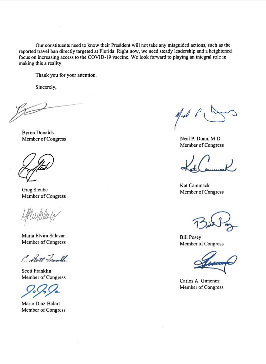 ByronDonalds's tweet photo. Thank you to my fellow @GOP Florida House members for joining my letter to the Biden Administration, calling on them to halt reported plans to ban travel to our home state. 

Targeting Florida in this manner doesn't follow the science or the UNITED STATES CONSTITUTION. https://t.co/fHn1dD9bVA