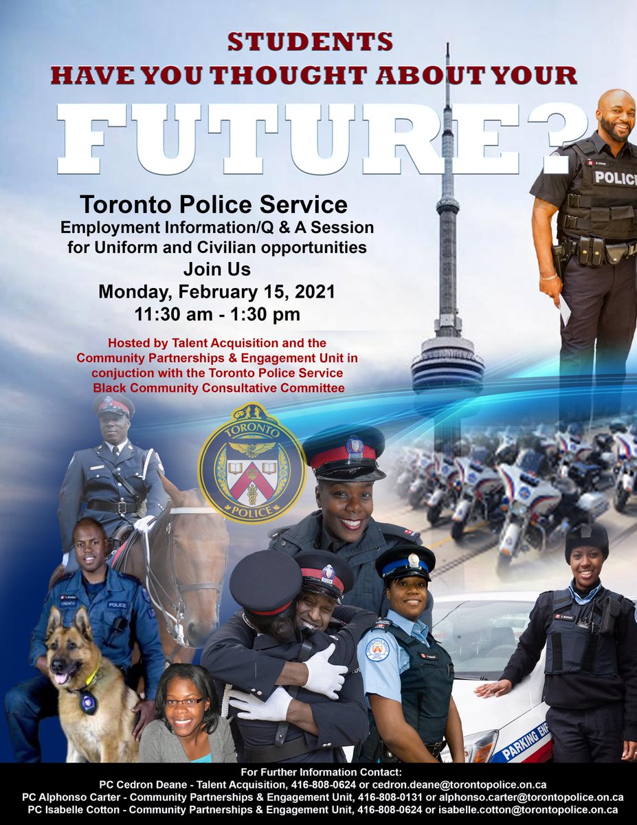 Toronto Police Service employment info session - inviting high school & first year university students looking for uniform or civilian opportunities Mon, Feb 15, 2021 at 11:30am Spread the word! @TPSRydzik @TPSNickNei @TPSPRowe ⁦@PCArsenault⁩ ⁦@TPSSharonMiller⁩