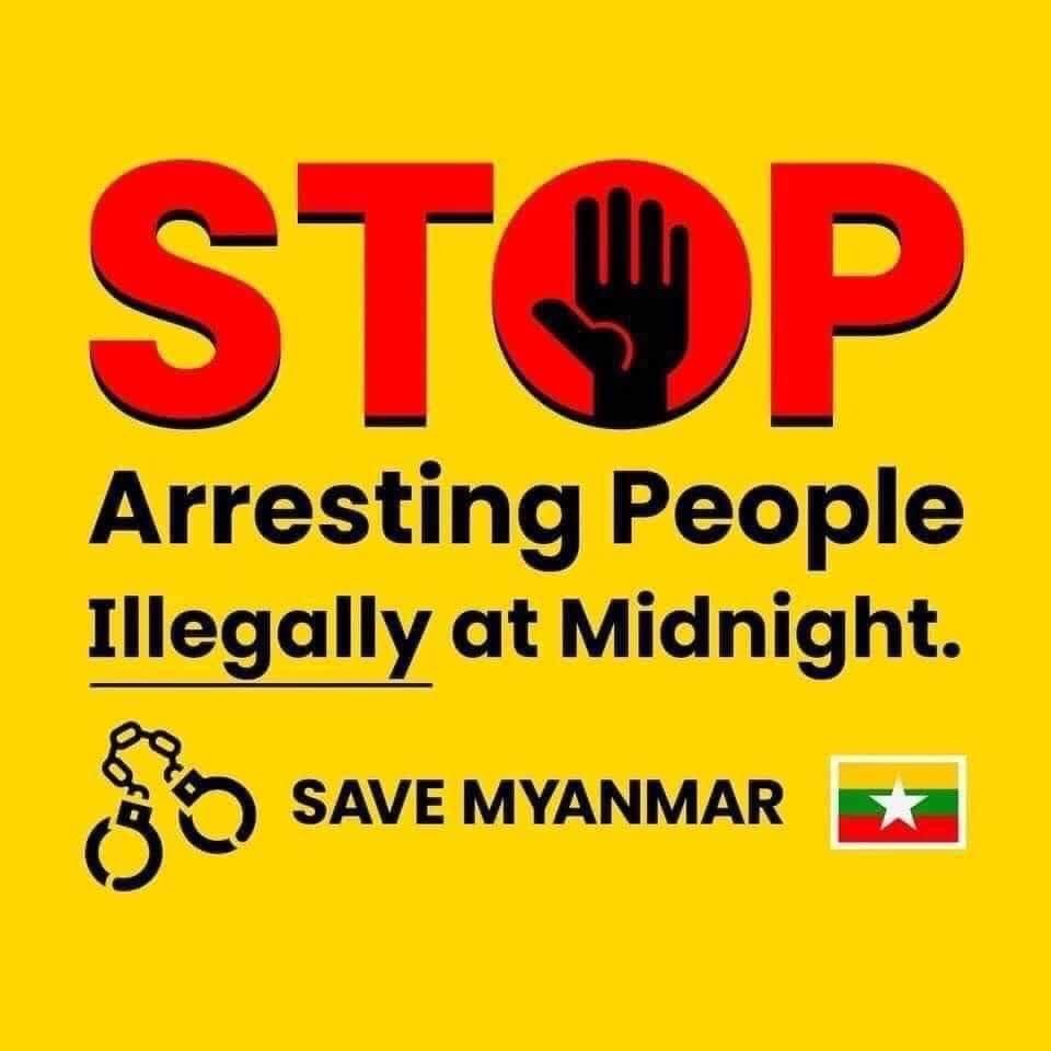 Pencilo4's tweet image. The military government in Myanmar has increasingly used nighttime arrests, legal threats, a curfew and a ban on large gatherings to tame weeklong anti-coup protests that have spread from the cities to the countryside.

STOP NIGHT ARRESTS
#Feb13Coup
#WhatsHappeningInMyanmar