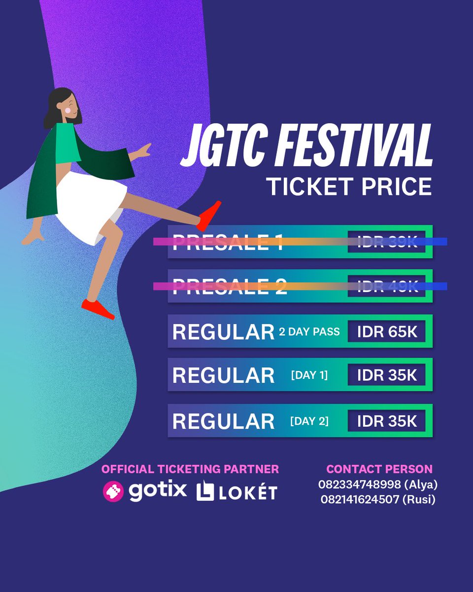 JGTCfestival's tweet photo. Surprise, surprise!
We are now selling one day pass (DAY 1 / DAY 2) tickets for only IDR 35K each!
Head over to @gotixindonesia or @loketcom to buy our tickets now!
The 43rd Jazz Goes to Campus
#Jazzpression https://t.co/iWVbVp6xhf