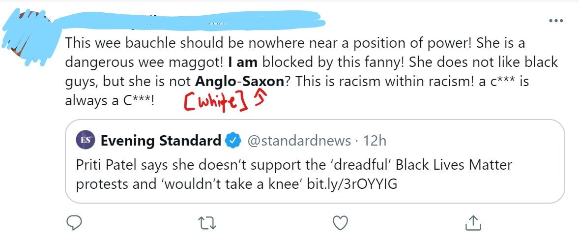 And for all my BIPOC people who are peddling this and advocating for continued use, you have nothing to gain. Conservatives and/or racists do not see you as one of them no matter how hard you try. "Anglo-Saxon" in England means wyte. 14/