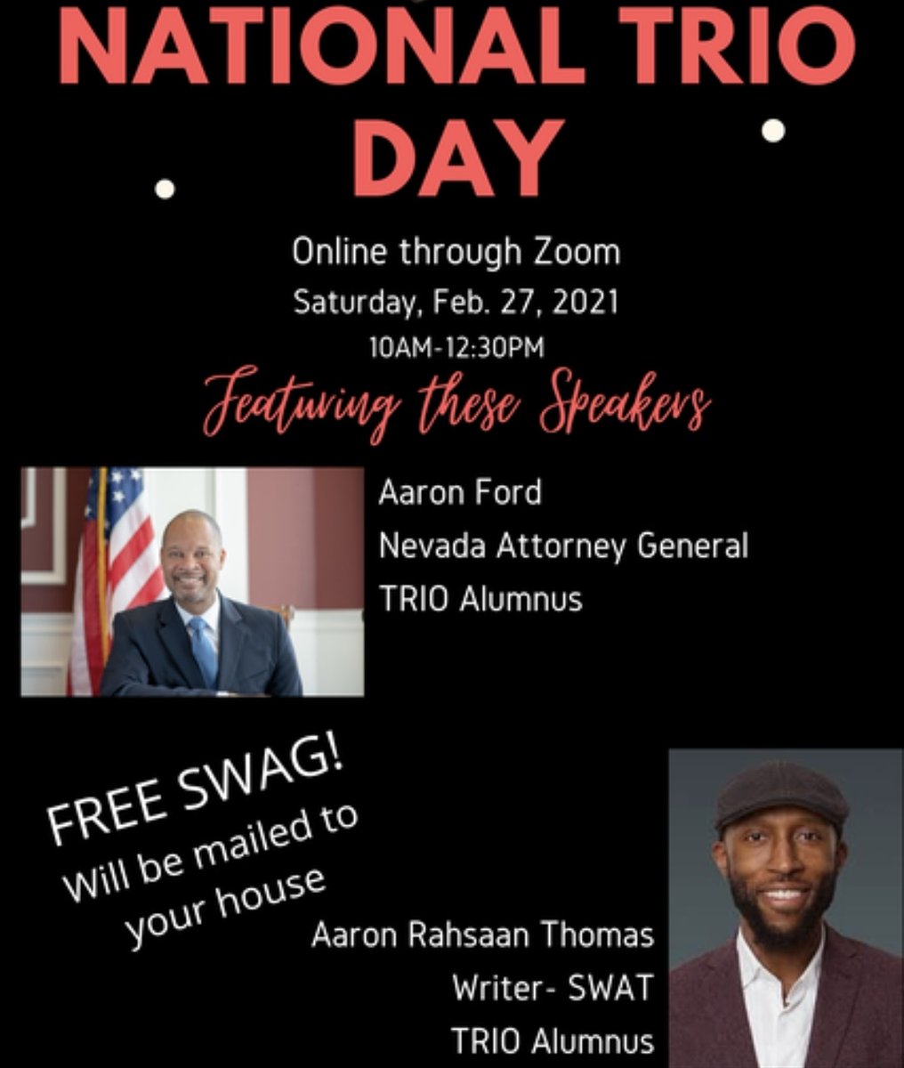 CalLu_TRIO_UBTS's tweet photo. Confirmed Keynote Speakers for our National TRIO Day Celebration taking place on February 27th! Nevada Attorney General Dr. Aaron Ford and screenwriter/producer (Friday Night Lights, CSI-NY, SWAT) Aaron Rahsaan Thomas. #TRIOWorks https://t.co/ayeHK51cxE