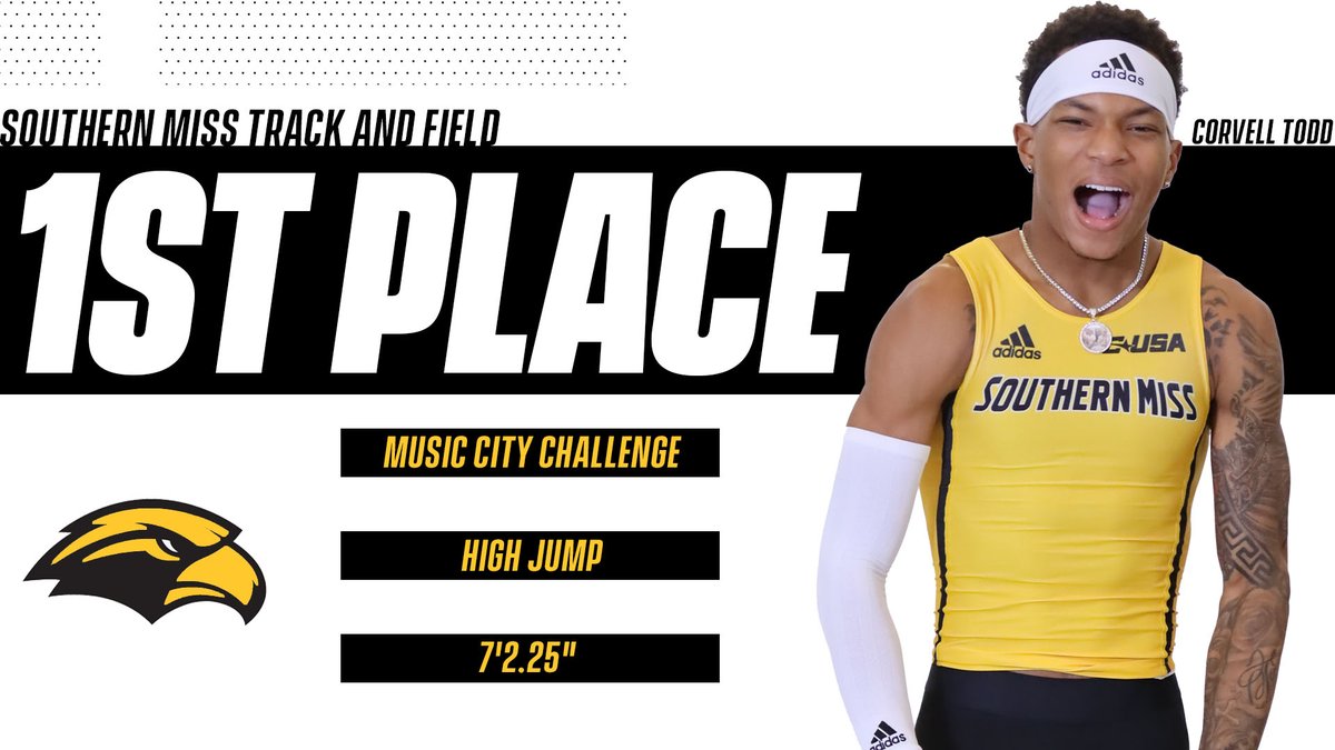 SouthernMissTF's tweet photo. WINNER 🏆

@vino2turnt clears 7'2.25" to take home first! The mark moves Todd into the top 10 in the nation in the event! 

#SMTTT https://t.co/mue05tWyif