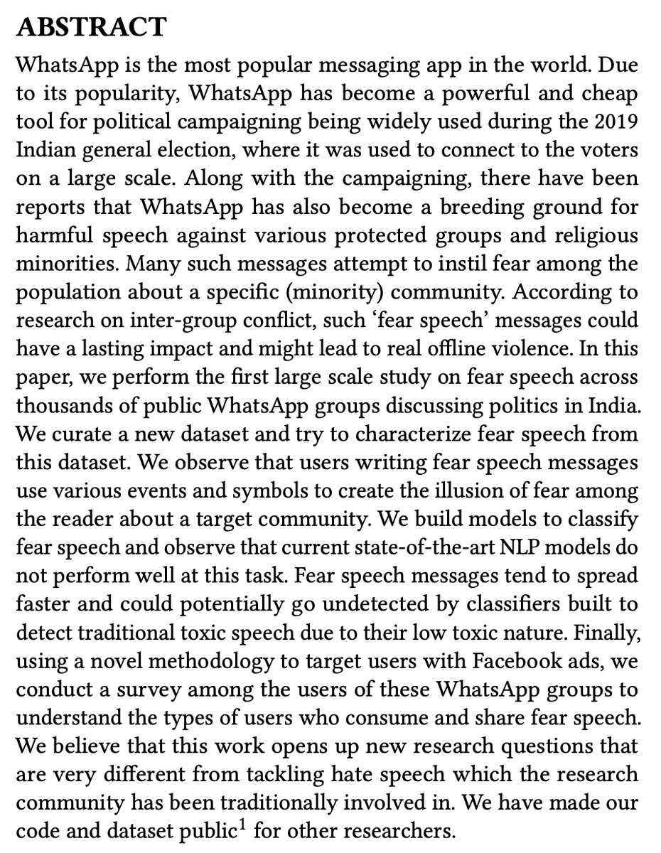 New paper on hate speech on WhatsApp  @TheWebConf !!We studied the prevalence of hate speech in the millions of WhatsApp messages we collected during the Indian elections in 2019.We find that most hate is not explicit but in terms of fear!Thread 1/n