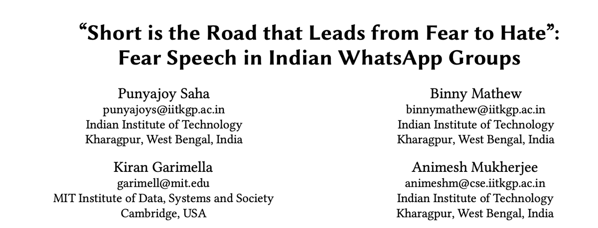 New paper on hate speech on WhatsApp  @TheWebConf !!We studied the prevalence of hate speech in the millions of WhatsApp messages we collected during the Indian elections in 2019.We find that most hate is not explicit but in terms of fear!Thread 1/n