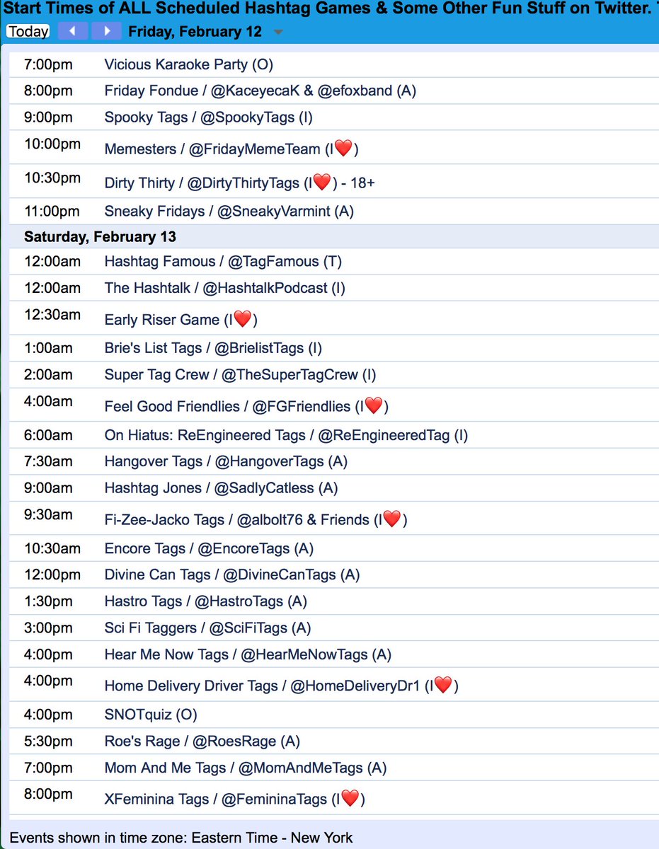 CalendarGirlBot's tweet image. Here's your list of ALL scheduled #HashtagGames &amp;amp; some other fun stuff to do on @Twitter tonight &amp;amp; Saturday 13Feb21-subject to cancellations/subs

Check out the entire ad-free calendar at Bit.ly/CalendarGirlBot

❤️Follow @CalendarGirlBot &amp;amp; enable notifications for reminders