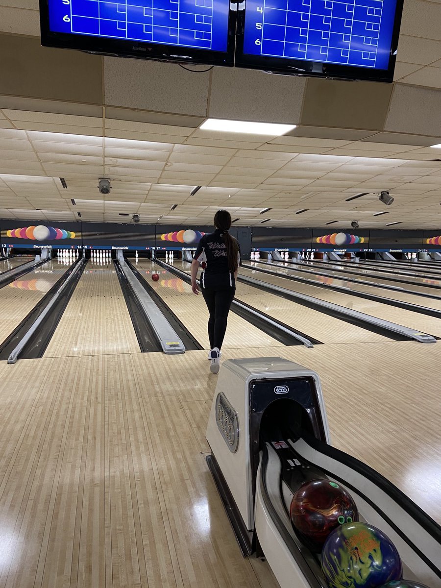 Senior Brianna Lenton gets a spare during their fourth Baker game in the meet against East tonight at Cadillac Lanes #hudsonschools (jc)