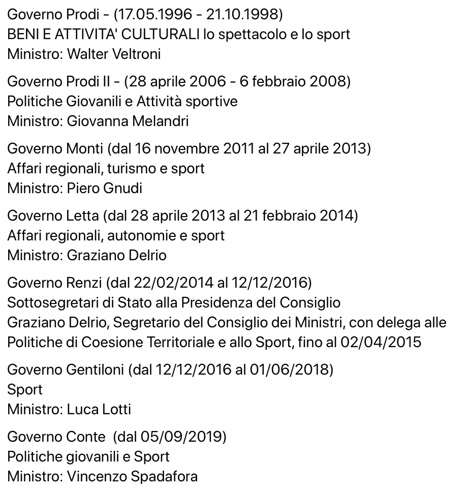 Per sicurezza: tranne che in questi casi, non c'è stato in epoca recente un "ministro dello sport" (ed anche in questi casi aveva altre deleghe e funzioni accorpate cui badare) #losportdidomani