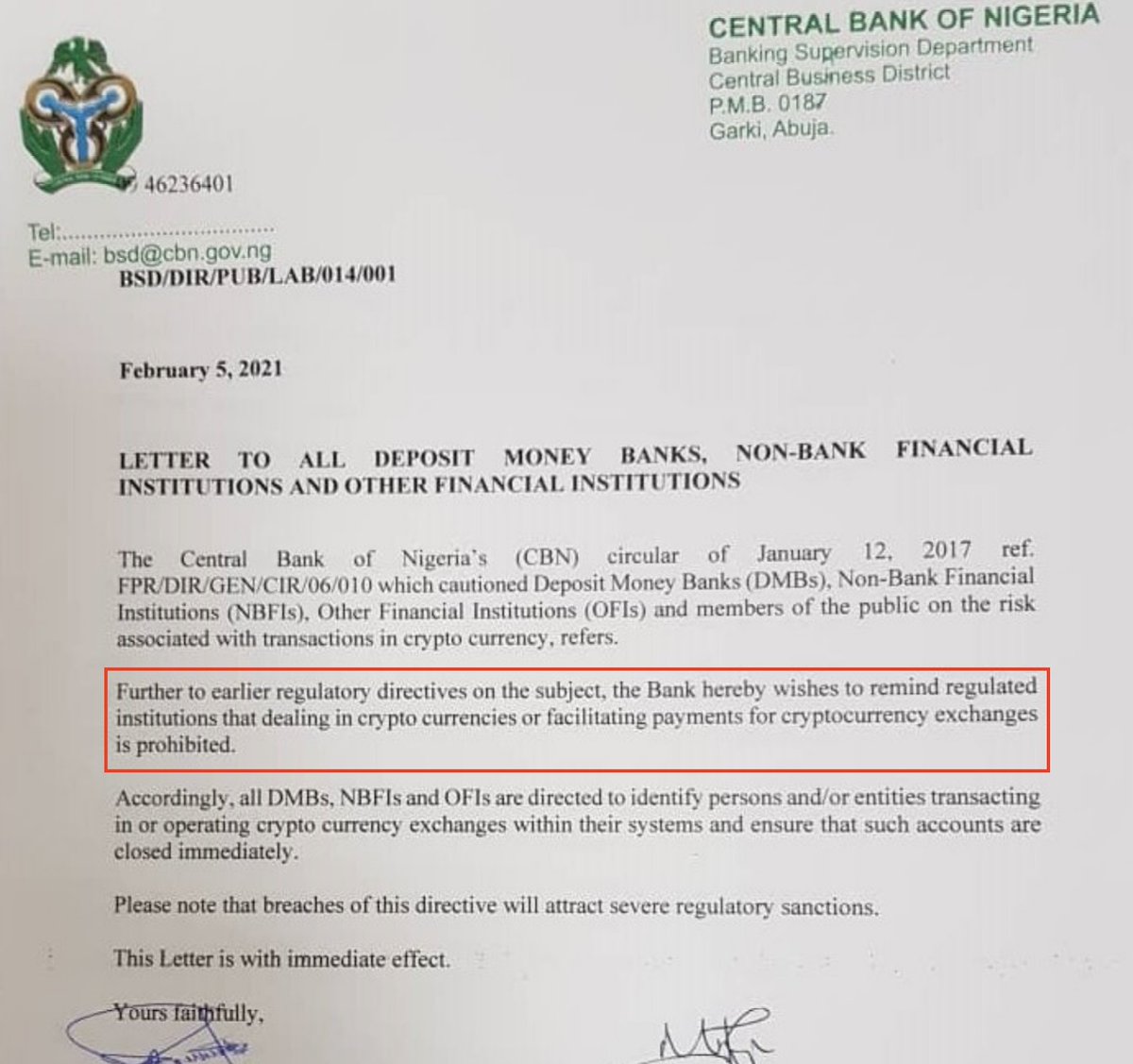 Fast forward to 2021, CBN comes with a circular that said "remember our regulative directives on this subject" when in fact 2017 letter clearly said "no substantive regulation or decision yet" and 2018 said "we wish to caution all and sundry".