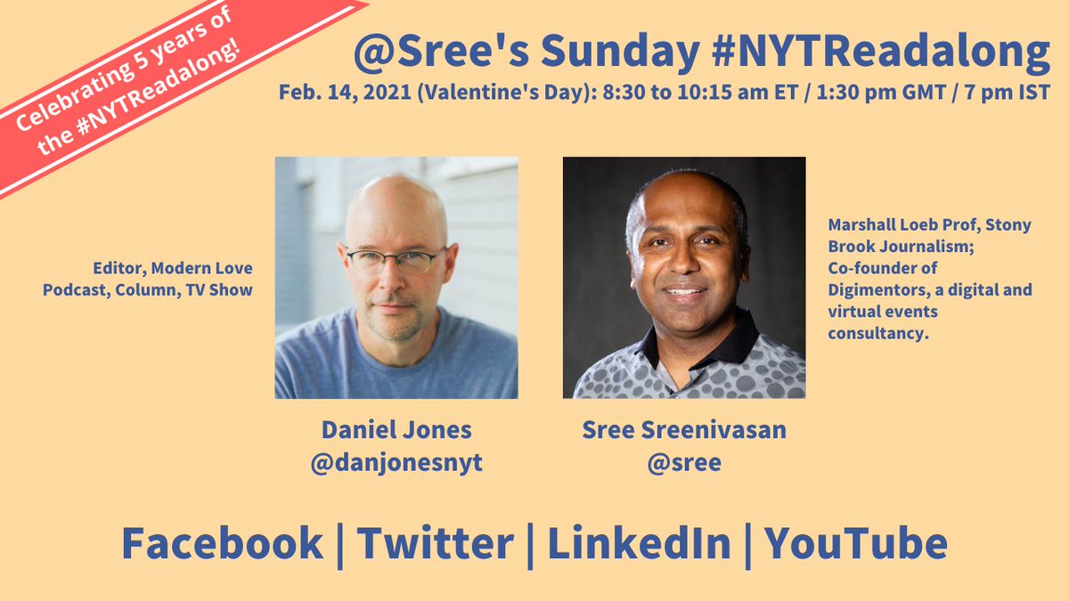 1/x <a href="/danjonesnyt/">Daniel Jones</a>, Editor of #ModernLove for <a href="/nytimes/">The New York Times</a>, is the #ValentinesDay guest on <a href="/Sree/">Sree Sreenivasan (sreenet.substack.com)</a>'s Sunday #NYTReadalong. 

Watch live (Sun, 8:30am ET) or on replay.

FB: facebook.com/sreenet/posts/…

YT: youtube.com/watch?v=9m5oeZ…

LI:
linkedin.com/feed/update/ur…

TW: Live Sunday

cc: <a href="/NYTStyles/">NYT Styles 💖</a>