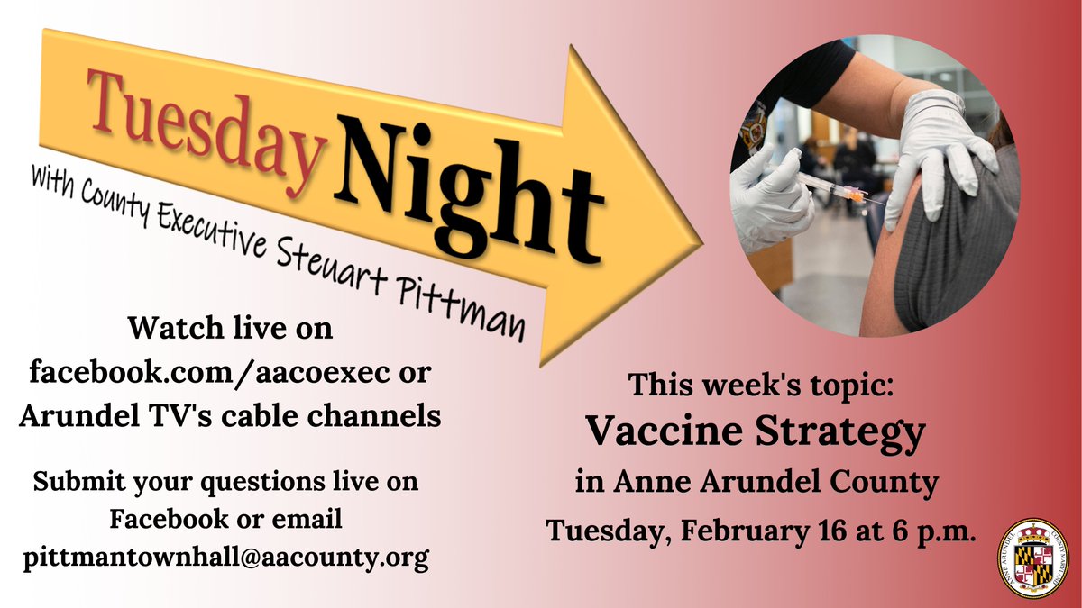 County Executive Steuart Pittman (@aacoexec) on Twitter photo Join us Tuesday Night for a discussion on #AnneArundel's vaccine strategy. Submit your questions to pittmantownhall@aacounty.org and watch live Tuesday at 6 pm on facebook.com/aacoexec as we answer questions about allocation, preregistration, where we're headed, and more. Join us Tuesday Night for a discussion on #AnneArundel's vaccine strategy. Submit your questions to pittmantownhall@aacounty.org and watch live Tuesday at 6 pm on facebook.com/aacoexec as we answer questions about allocation, preregistration, where we're headed, and more.